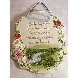 Dear friends ceramic wall hanging with flowers & flowing stream.